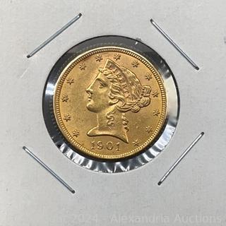 1901 5 Liberty Head gold coin Auction Alexandria Auctions